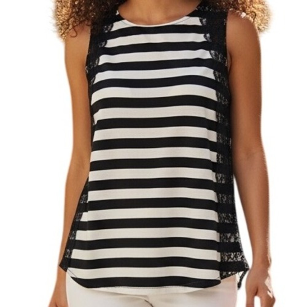 THE LIMITED Navy/White Striped Lace Floral Trim Sleeveless Top‎ EUC Size  SP